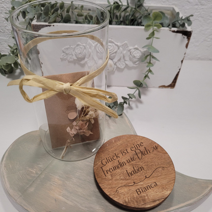 Glasgefäß mit graviertem Holzdeckel, Glück ist eine Freundin wie dich zu haben